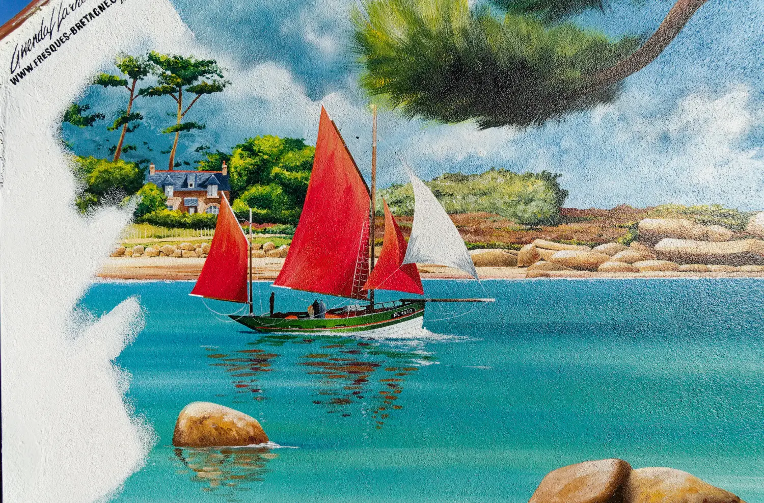 Détail d'un vieux gréement sur une peinture murale à Trégastel